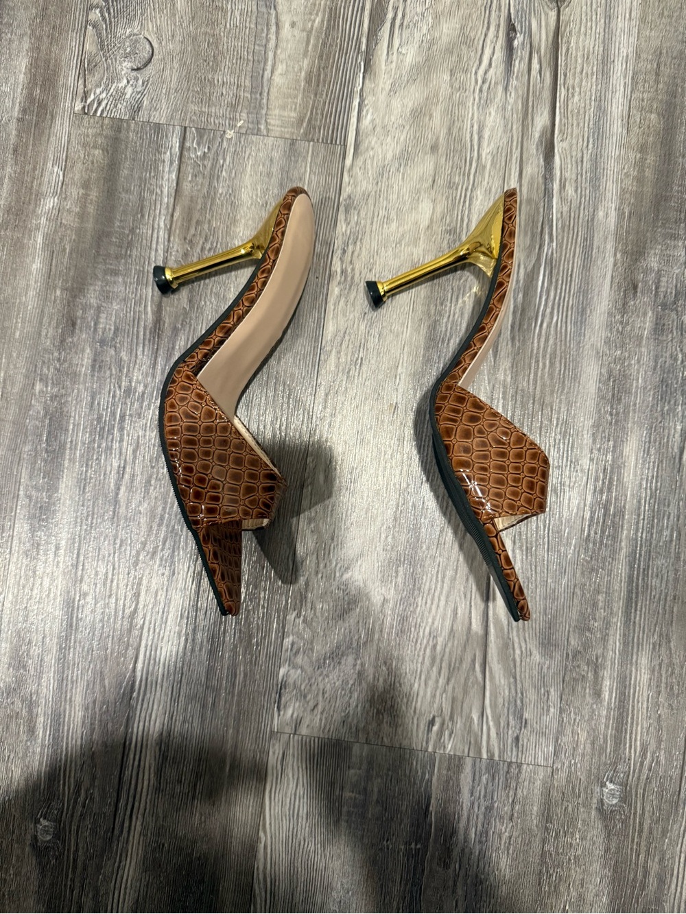 Avon Brown Croc-Embossed Open-Toe Stiletto Heels with Gold Heel - Picture 3 of 5